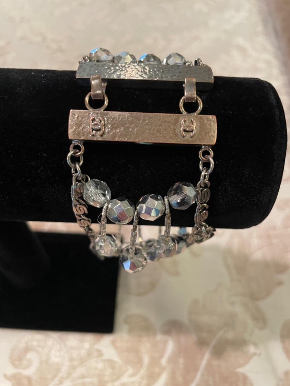 CHANEL Silver-Tone Faceted Crystal Multi-Row Bracelet